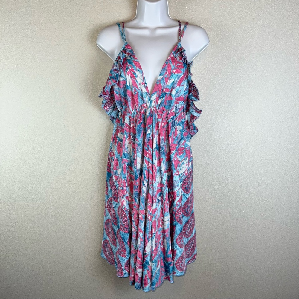 bigg bull silk blend pink & blue tassel tie mini dress